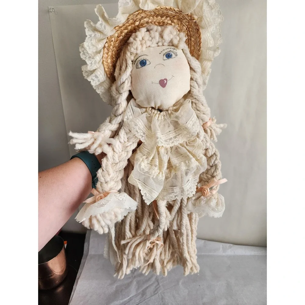 Vintage Handmade Mop Doll Cream Yarn Braids Lace Ruffle Dress Straw Bonnet 18in